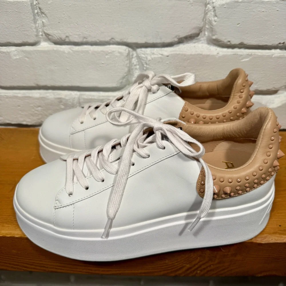 ASH Platform Sneakers White Leather NUDE Studded Heel Size 40 Luxury Chunky NIB - Picture 15 of 15